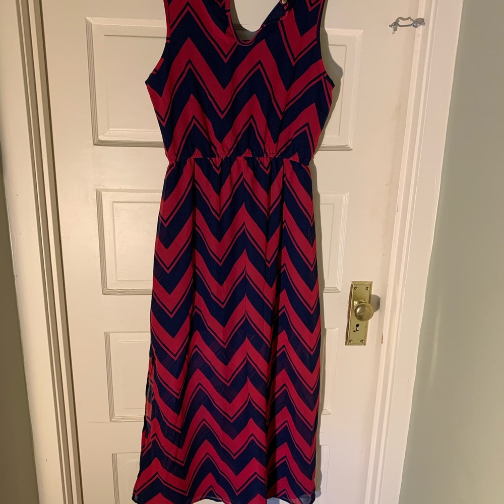 Navy and raspberry chevron maxi dress.